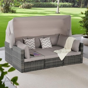 5-Piece Outdoor Patio Wicker Daybed Set with Retractable Canopy, Storable Table - 1 of 4