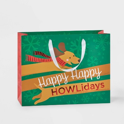 Large Vogue Dachshund Happy Howlidays Gift Bag Green - Wondershop™
