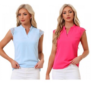 INSPIRE CHIC Women's Work Office V Neck Stand Collar Lace Cap Sleeve Basic Blouse 2 Pieces - 1 of 4