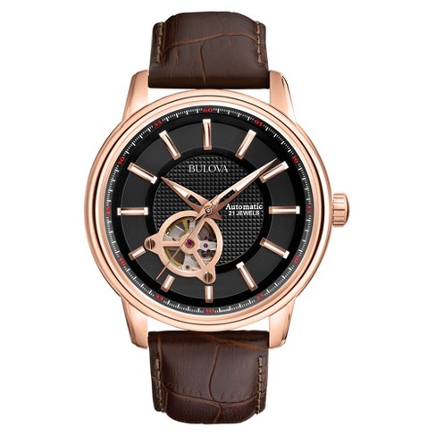 Bulova Men s Classic 3 hand Automatic Leather Strap Watch 21 jewels Hack Feature Luminous Hands And Markers open Aperture And Exhibition Case Back Target