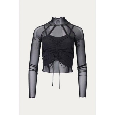 Women's TWO-PIECE LAYERED MESH AND STRETCH-JERSEY TURTLENECK TOP - ZEMETA