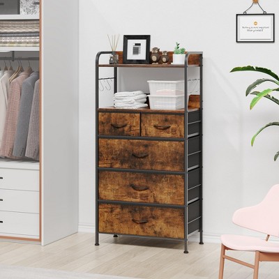Tall Bedroom Dresser, Vertical Dresser with 5 Fabric Drawers and 2 Open Shelves, Living Room Chest of Drawers with Hanging Racks for Small Spaces