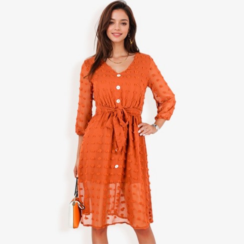 Anna-Kaci Women's 3/4 Sleeve Button Down Dress With Tie Waist And Textured Details - image 1 of 4