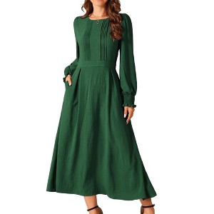 INSPIRE CHIC Women's Elegant Frilled Crewneck Midi Long Sleeve Pleated A-Line Flowy Dress with Pockets - 1 of 4