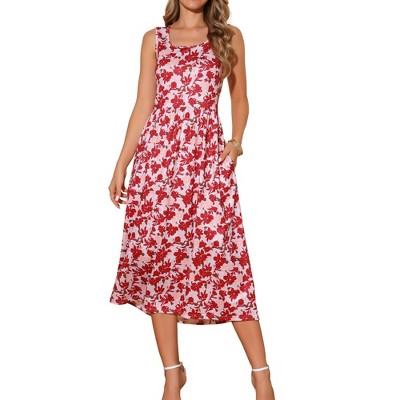 INSPIRE CHIC Women's Summer Sleeveless Beach Boho Vintage Floral Flowy Sundress with Pocket