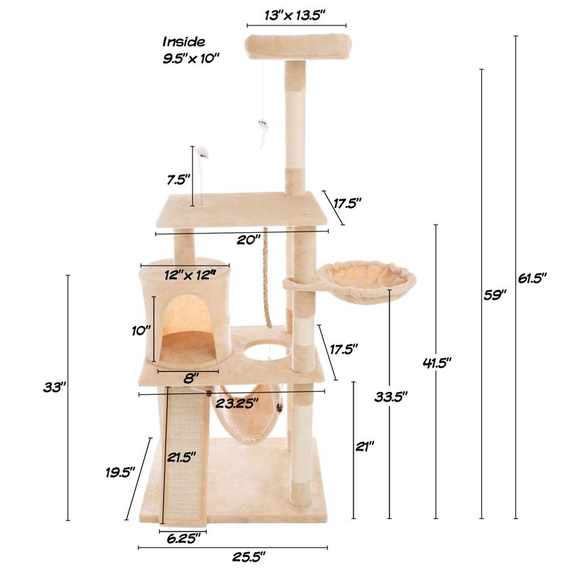 4-Tier Indoor Cat Tower - Deluxe 6-Post Scratcher with Board, Napping Perches, Sleeping Condo, Hammocks, and Hanging Toys for Cats by PETMAKER (Beige), 2 of 8