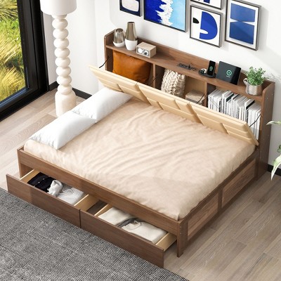 NicBex Twin Size Daybed Modern Wooden Bed Frame with 2 Drawers and Storage Shelves with Padded for Bedroom, Living Room, No Box Spring Required