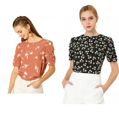 Allegra K Women's Floral Summer Crew Neck Casual Shirred Short Sleeve Blouse 2 Pcs