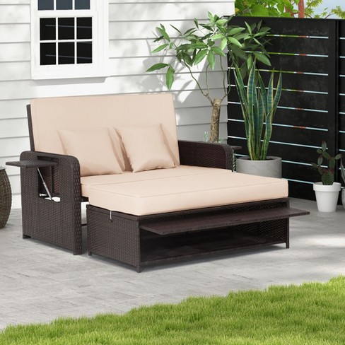 Costway Patio Rattan Daybed Lounge Retractable Top Canopy Side Tables Cushions - image 1 of 4