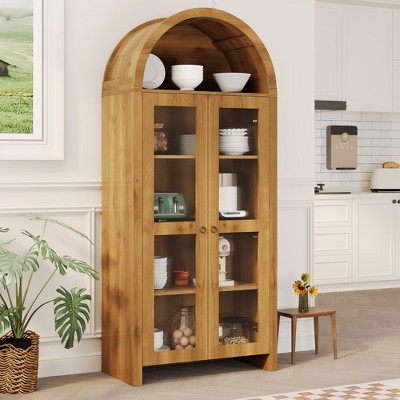 70" Tall Arched Kitchen Pantry, Farmhouse Wood Cupboard Storage Cabinet with Acrylic Doors and Adjustable Shelves, for Dining Room Living Room