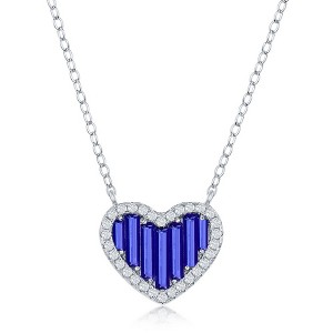 Bella Silver Sterling Silver Round and Baguette CZ Heart Necklace - Blue Spinel CZ - Blue - 16+2 Inch - 1 of 2