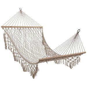Northlight Lattice Macrame Rope Hammock with Wooden Bars - 74" x 59" - Cream - 1 of 4