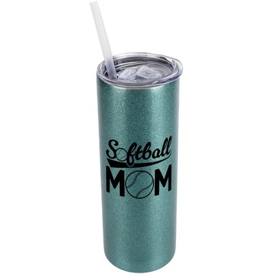 Elanze Designs Turquoise Blue 20 Ounce Double Wall Stainless Steel Glitter Travel Tumbler With Sliding Lid And Straw, Softball Mom