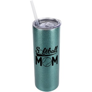 Elanze Designs Turquoise Blue 20 Ounce Double Wall Stainless Steel Glitter Travel Tumbler With Sliding Lid And Straw, Softball Mom - 1 of 4