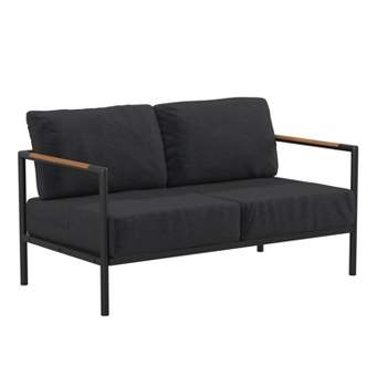 Flash Furniture Indoor/Outdoor Patio Loveseat with Cushions - Modern Aluminum Framed Loveseat with Teak Accent Arms