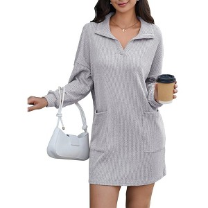 WhizMax Women's Knit Sweater Dresses Lapel Neck Puff Sleeves Loose Mini Dresses With Pocket - 1 of 4