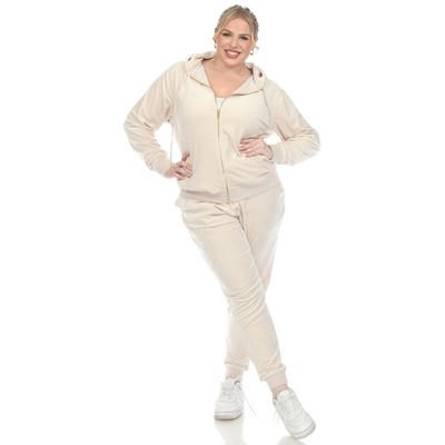 Women's Plus Size 2 Piece Velour Tracksuit Set - White Mark