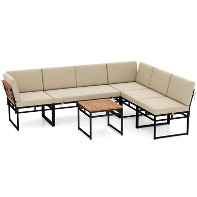 Tangkula Set Of 6 Outdoor Sectional Sofa Set Metal Conversation Set w/Cushions & Bungee Rope Seat Patio Acacia Wood Chair & Coffee Table Set