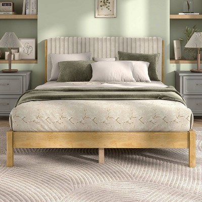 Alder Light Brown Rubberwood Queen Bed with Upholstered Headboard