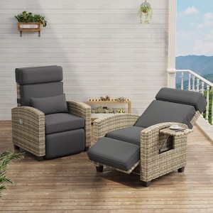 Acekool Outdoor Reclining Patio Chair Brown Wicker with Gray Cushions Adjustable Backrest Footrest Side Table for Patio - 1 of 4