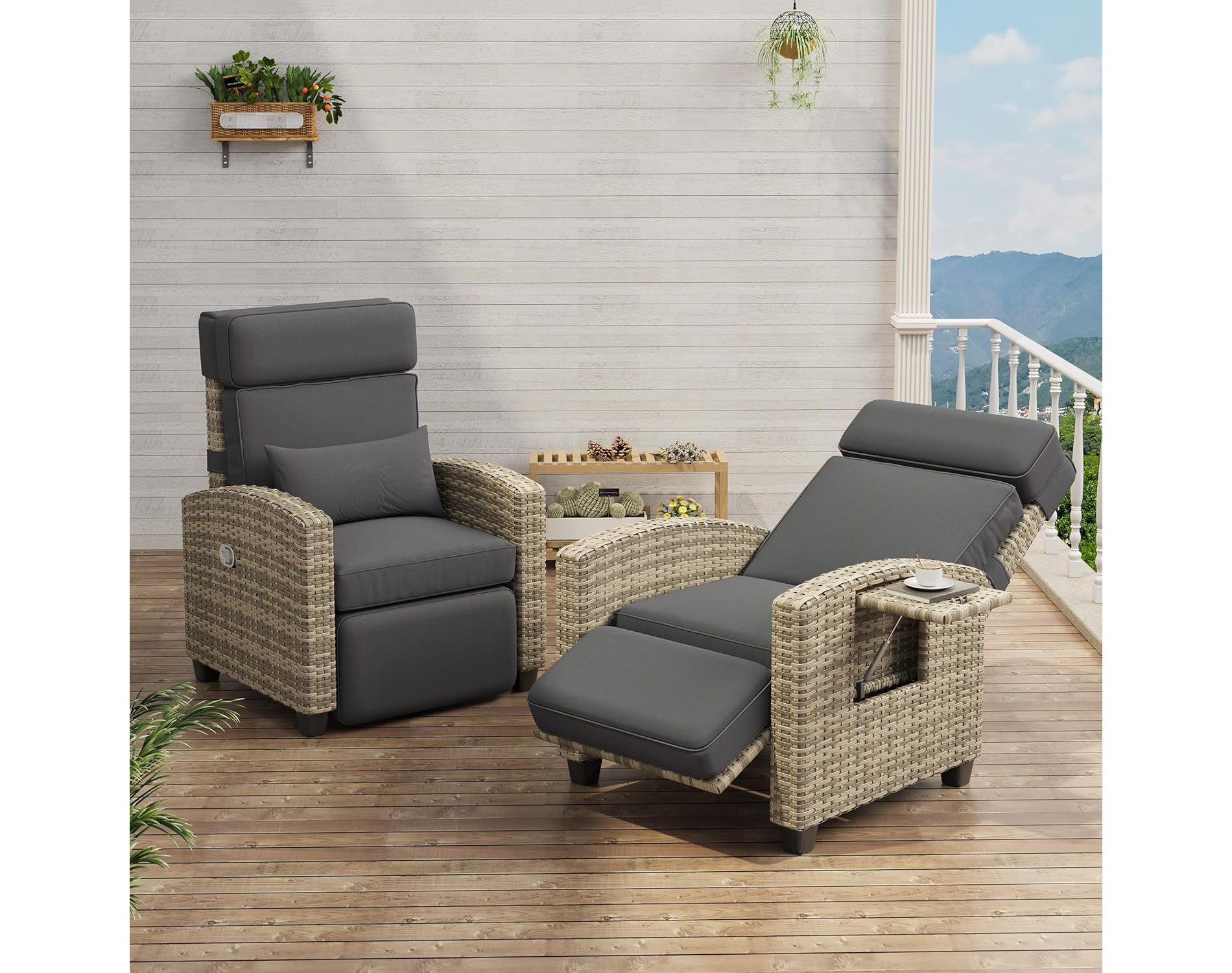 Acekool Outdoor Reclining Patio Chair Brown Wicker with Gray Cushions Adjustable Backrest Footrest Side Table for Patio