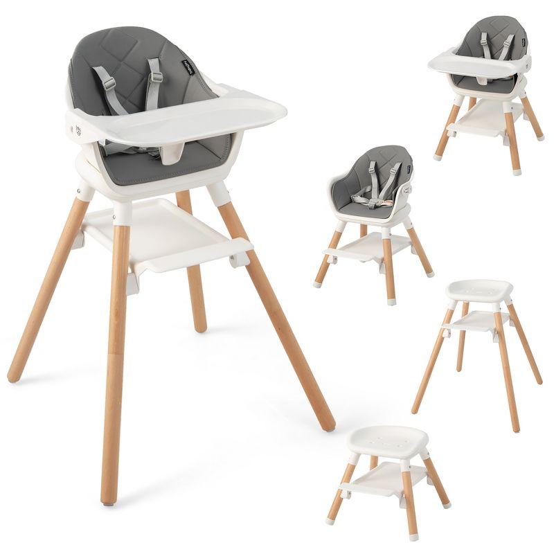 Costway 6-in-1 Convertible Wooden Baby Highchair Infant Feeding Chair with Removable Tray Black/Grey/Pink/White, 1 of 11