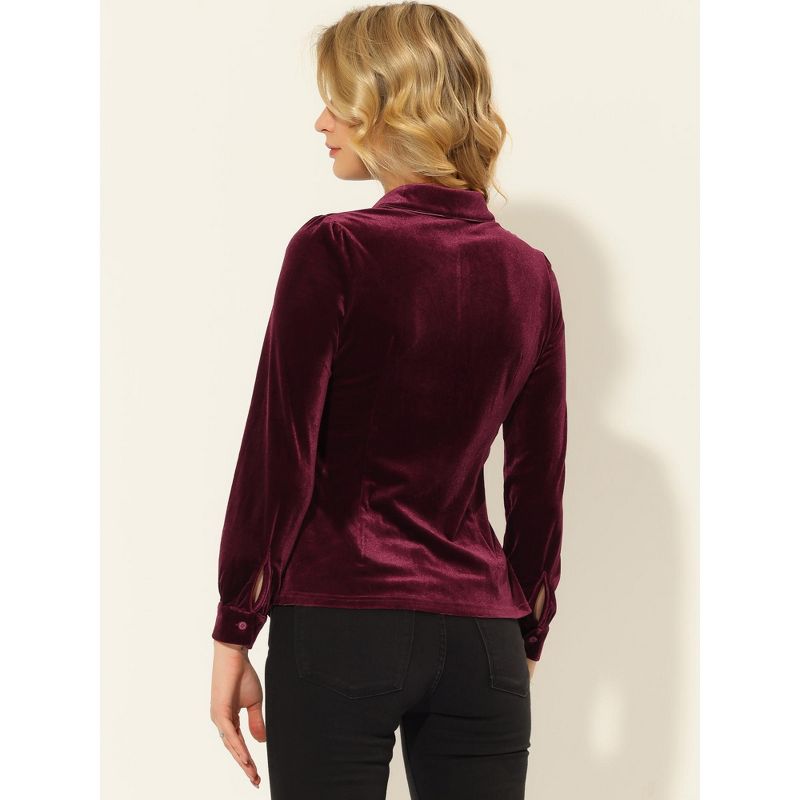 Allegra K Women's Button Down Solid Color Long Sleeve Velvet Work Shirt, 4 of 6