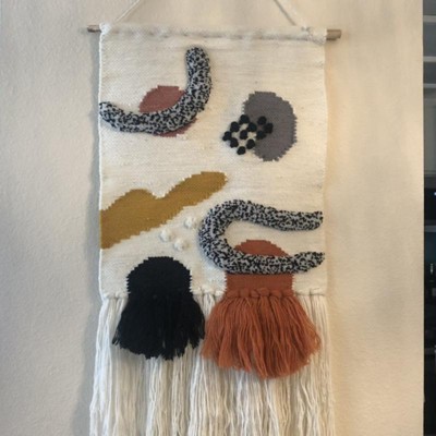 Abstract Multicolor Wool Woven Wall Hanging with Wooden Bar