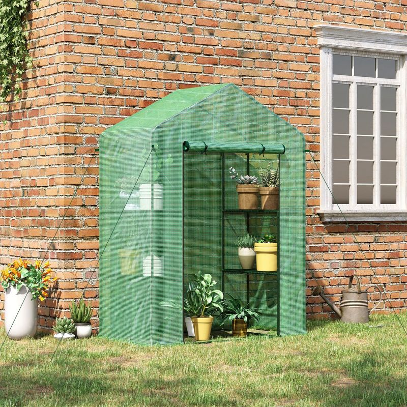 Outsunny 56" x 29" x 77" Mini Walk-in Greenhouse Kit, Portable Green House with 4 Shelves, Roll-Up Door and PE Cover for Backyard Garden, Green, 3 of 7