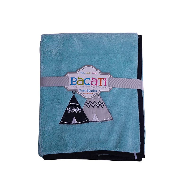 Bacati - Woodlands Aqua with Navy Border Tee Pee Embroidered Baby Plush Blanket, 2 of 5