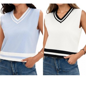 ATHLECHIC Women's Summer Knit Color Block Sleeveless V Neck Loose Fit Preppy Trendy Tank Tops 2 Packs - 1 of 4