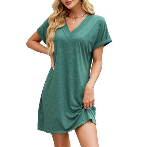 Женские платья EadianDree Women's Summer Dresses V Neck Short Sleeve Casual Swing Mini Dress Vacation Outfits,Dark green,Small