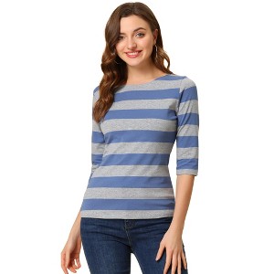 INSPIRE CHIC Women's Stripes Casual Basic Elbow Sleeves Boat Neck Slim Fit T-Shirts - 1 of 4