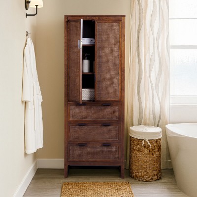Teamson Home Hatteras Linen Cabinet with Drawers & 2 Rattan Inlay Doors with Adjustable Shelf