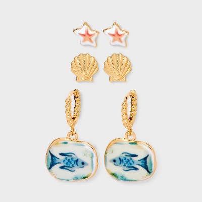 Fish and Shell Earring Set 3pc - Universal Thread™ Gold