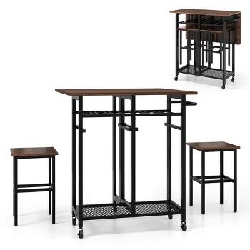 Costway 3 PCS Rolling Dining Table Set Extendable Kitchen Table 2 Stools with Wine Rack Rustic Brown/White