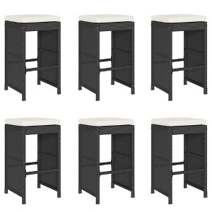 vidaXL Patio Bar Stools with Cushions 6 pcs - Black Poly Rattan, Steel Frame, 15.7"x15.7"x29.9", UV-Resistant, Outdoor/Garden/Deck Seating - 1 of 4