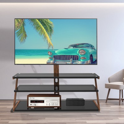 Adjustable Tempered Glass TV Stand TV Floor Holder Swivel Entertainment Center With Metal Frame Wire Management Modern Entertainment Shelves