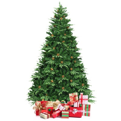 Tangkula 8'PE/PVC Artificial Pine Tree Pre-Lit Christmas Tree w/ 600 LED Lights & Pine Cones