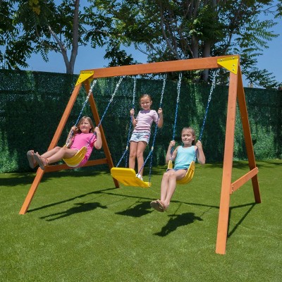 Brighton Outdoor Wood Swing Set with 3 Yellow Swings
