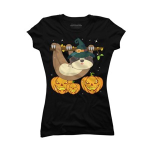 Junior's Design By Humans Funny Witch Sloth With Jack O Lantern Halloween T-Shirt By thebeardstudio T-Shirt - 1 of 3