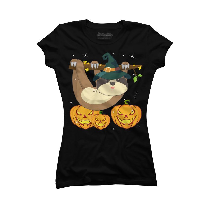 Junior's Design By Humans Funny Witch Sloth With Jack O Lantern Halloween T-Shirt By thebeardstudio T-Shirt, 1 of 4