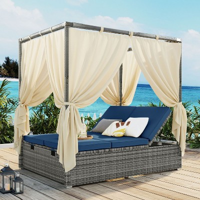 Erin PE Rattan Patio Daybed with Curtains, Metal Frame Outdoor Furniture with Adjustable Seat, Tanning Near Me - Maison Boucle