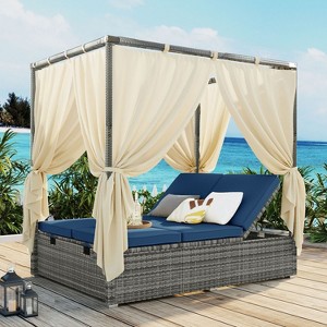 Erin PE Rattan Patio Daybed with Curtains, Metal Frame Outdoor Furniture with Adjustable Seat, Tanning Near Me - Maison Boucle - 1 of 4
