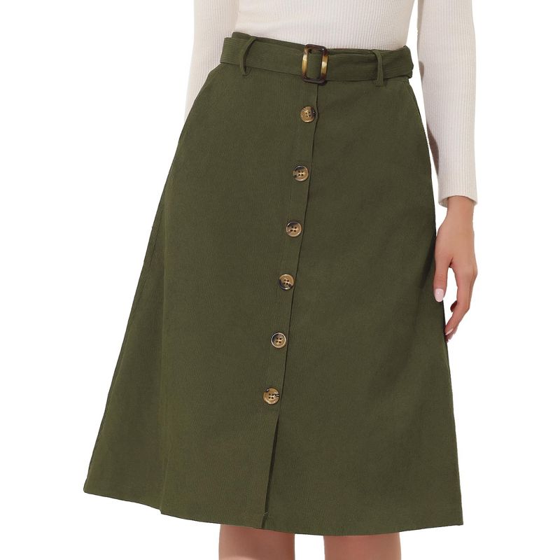 Allegra K Women's High Waist Button Front A-Line Belted Corduroy Midi Skirt, 1 of 7