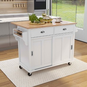 MAYEERTY White 52.2" Kitchen Cart Rubber Wood Drop-Leaf Countertop, Sliding Barn Door 2 Drawers Adjustable Height Rolling Cart - 1 of 4