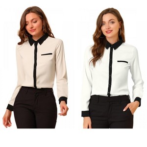 INSPIRE CHIC Women's Contrast Collar Chiffon Long Sleeve Work Office Blouse 2 Packs - 1 of 4