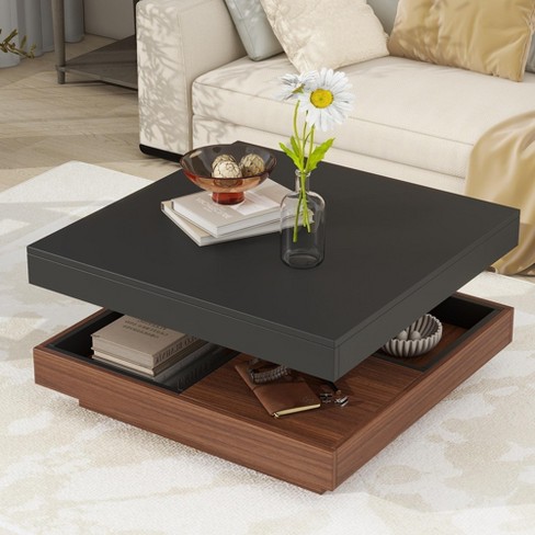 27.5 w Modern Square 360 Rotating Coffee Table With 3 Detachable Tray 2 tier Wood Center Table With Storage Black 4s Modernluxe Target