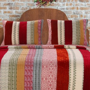 Greenland Home Fashions Marley Cranberry Sham – Vibrant Velvet-Embellished Kantha Quilted Cotton, Reversible with Cloth Ties - 1 of 3