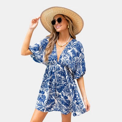 Women's Tropical Blue Palm Print Wrap Dress - Cupshe